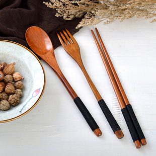 日式和风原木布袋木筷子水果叉勺子创意便携旅游环保套装成人绕线