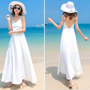 夏装v领露背吊带连衣裙，波西米亚大摆长裙海边度假三亚白色沙滩裙