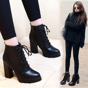 2024秋冬季加绒女靴子韩版系带马丁裸靴10CM超高跟鞋真皮粗跟短靴