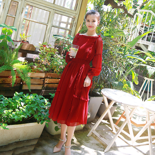 诺里原创圆领灯笼袖复古中长款裙子红色雪纺长袖法国小众连衣裙