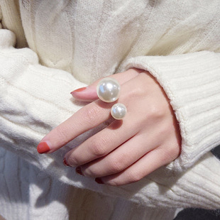 日韩版网红白色大小珍珠，开口夸张欧美风时尚，个性潮人食指戒指环女
