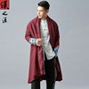 中国风男士改良汉服围巾领风衣，中长款开衫外套，刺绣棉麻男装上衣潮