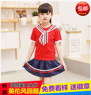 幼儿园园服夏装，英伦套装男女小学生校服，夏季红色班服