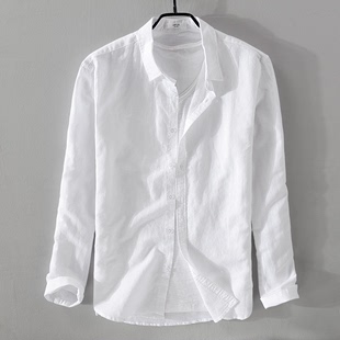 白色亚麻衬衫男士长袖休闲翻领宽松青年日系透气棉，麻布衬衣寸男潮