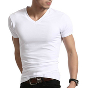 2024夏装白色男式半袖汗衫，韩版v领打底衫纯棉，短袖体恤男士紧身t恤