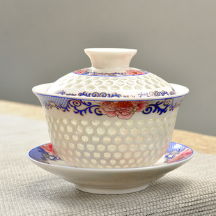蜂窝镂空玲珑盖碗茶杯，陶瓷白瓷茶具大号茶碗，青花瓷三才碗泡茶碗
