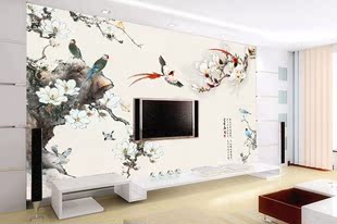 玉兰花中式国画壁纸电视背景墙，沙发壁画客厅无纺布，花鸟整张墙纸画