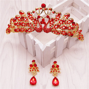 新娘头饰耳环红色套装，韩式结婚敬酒服头花中式两件套发箍饰品