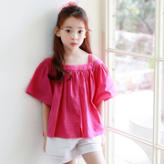 韩国夏装女童短袖t恤中大童，一字领纯棉喇叭袖，宽松玫红色吊带上衣