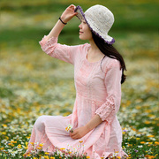 原创小众女装夏季刺绣花边法式宽松纯棉连衣裙两件套中长裙hq369