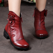 品牌秋冬民族风真皮短靴马丁靴中跟粗跟女鞋妈妈鞋舞靴加绒靴子红