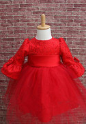 大红色女童礼服裙儿童公主裙花童裙儿童婚纱裙长袖连衣裙