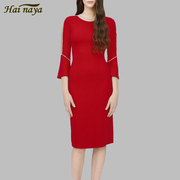 红色气质连衣裙女圆领镶钻复古黑色小洋装中长款修身法式小礼服裙