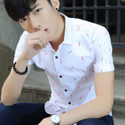 夏季流行男装短袖衬衫青年时尚潮寸衫修身款韩版印花休闲半袖衬衣