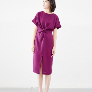 2023夏季女装紫色气质，名媛连衣裙子过膝收腰洋气，棉麻料高级感
