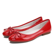 红色漆皮蝴蝶结平底单鞋浅口女圆头真皮软底芭蕾舞小红鞋婚鞋