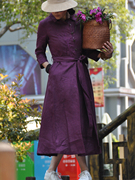 原创设计深紫色亚麻气质显瘦长款连衣裙