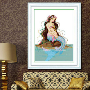 蒙娜丽莎十字绣线绣美人鱼客厅，卧室人物小油画母子情深丝线款