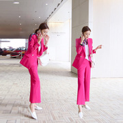 2023韩国时尚职业西装外套女玫红色中长款显瘦双排扣西服裤两件套