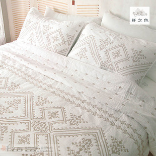 出口欧式全棉复古美式纯色，白色绗缝被三件套床上用品，夏凉被床盖