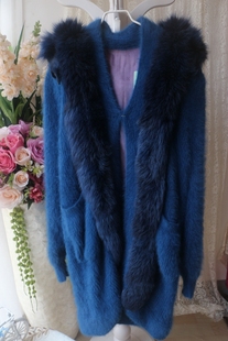 宝蓝色两头狐狸加厚毛绒绒(毛，绒绒)高端奢华皮草，大披肩外套貂绒毛衣
