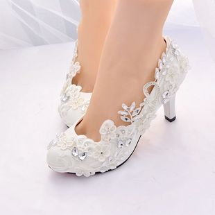 婚鞋白色蕾丝水钻珍珠鞋新娘结婚鞋伴娘鞋礼服公主鞋大码女鞋