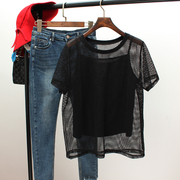 黑色镂空罩衫女短袖2023夏装镂空网纱蕾丝两件套上衣网眼T恤