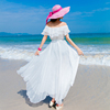 夏女海边度假裙沙滩裙抹胸雪纺，晚会礼服连衣裙一字领露肩白色长裙