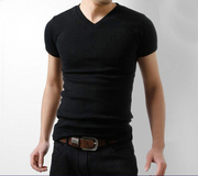 夏季V领男士短袖T恤 纯棉修身型纯色紧身弹力打底衫2024韩版体恤