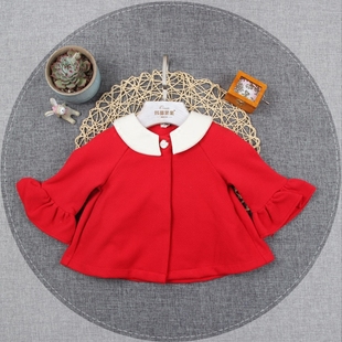 idea韩版女童装小香风宝宝外套，婴幼儿上衣翻领，喇叭袖纯棉开衫风衣