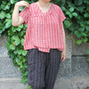 夏季短袖格子中国结竖条棉麻女装，上衣原创文艺，范t恤衫雪蓝杉8172