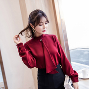 女装2021春装韩版气质珍珠，飘带立领雪纺衫长袖，酒红色衬衫上衣