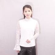 2018夏季韩版女装纯棉+镂空蕾丝高领荷叶袖上衣长袖打底T恤衫