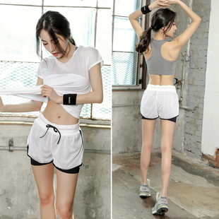 韩国春夏季健身房运动套装女网纱速干衣瑜珈，服跑步显瘦短裤三件套