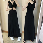 2018夏韩版深V收腰莫代尔垂感显瘦显高气质黑色长裙连衣裙背心裙