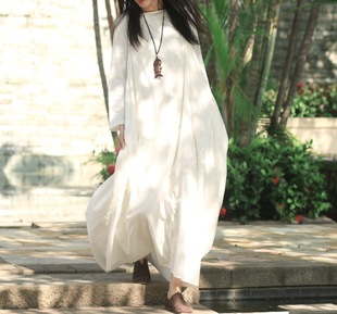 昆达里尼亚麻瑜伽服飘逸长袍宽松白色印度冥想打坐禅服女棉麻服装
