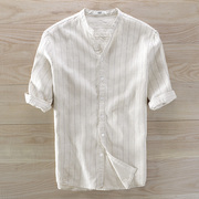 白色条纹圆领五分袖亚麻，衬衫男士立领，宽松青年薄款棉麻料中袖衬衣