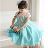 韩版童装六一节公主裙蓝色，女童夏季短袖礼服裙蕾丝网，纱裙子儿童