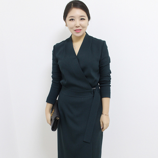 韩国小众独立设计师款 早春围裹式v领长袖气质修身铅笔连衣裙