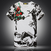 中国风时尚潮流男士夏季花式短袖T恤 个性水墨花鸟图案印花半袖衫