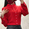 中国红本命年立领长袖衬衫女OL气质雪纺上衣修身显瘦打底纯色衬衣