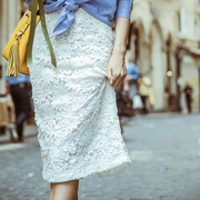 复古法式白色雪融蕾丝半身裙夏季开叉，一步裙中长款高腰包(高腰包)臀裙