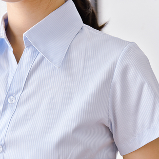 夏季韩版女竖纹浅蓝短袖衬衫收腰 V领OL办公衬衣白工装长袖