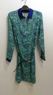 绿色植物花卉全印花拼色翻领，长袖送腰带，雪纺套头衬衫裙连衣裙春女