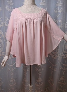 日本甜美粉色蕾丝钩花宽松短袖人造丝蝙蝠衫衬衣上衣罩衫女装夏款