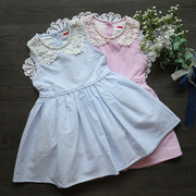 女童纯棉粉色条纹，连衣裙夏季宝宝蓝色全棉，无袖背心连衣裙子
