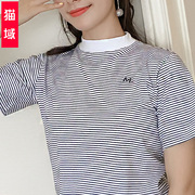 横细条纹半高领t恤女短袖简约字母纯棉宽松显瘦半袖韩版中领体恤