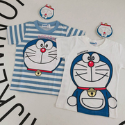 儿童短袖夏装潮男女童装宝宝，机器猫小叮当猫条纹半袖纯棉t恤