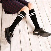 两条杠条纹过膝袜秋冬日系长筒袜子全纯棉学院风女二杠纯黑袜及膝