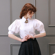 韩版复古短袖宫廷风灯笼袖，纯色薄款白色衬衫女设计感气质上衣